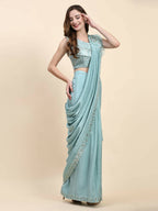 Sky Blue Silk Satin Solid Ready to wear Saree with stitched Blouse - Satiksha