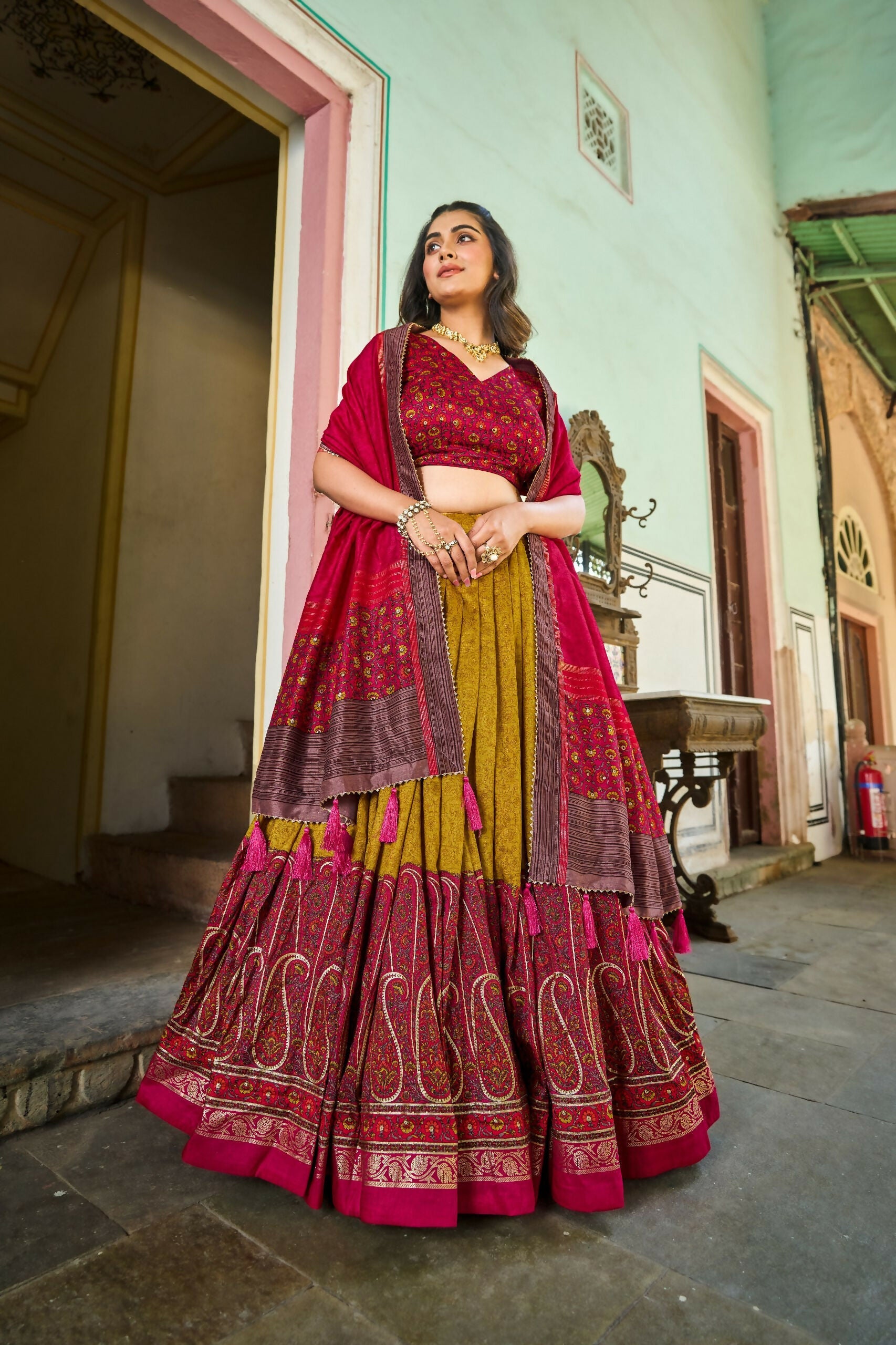 Vastranavya Kashmiri Print With Foil Print Lehenga With Unstitched Printed Blouse - Mustard