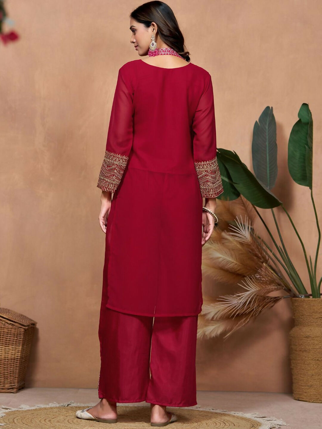 The52 Women's Beautiful Georgette Fabric Embroidery Work Straight Kurta Palazzo and Dupatta Set - Distacart
