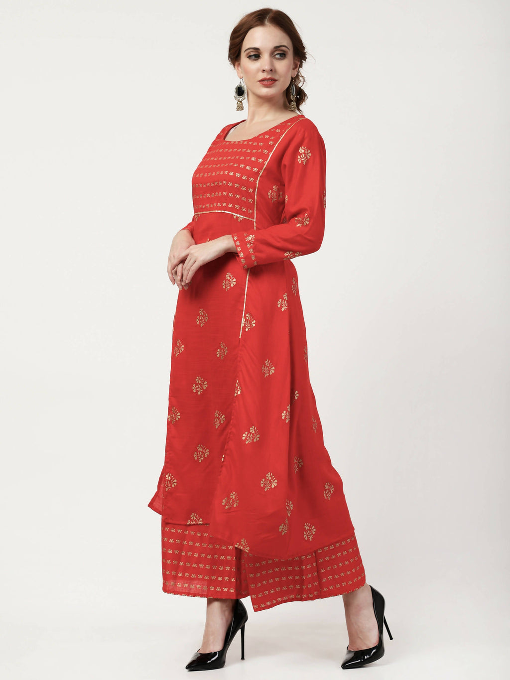 Cheera Embellished Daily Wear Cotton Blend Kurta With Palazoo - Red