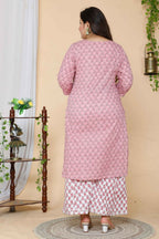 Miravan Women's Plus Size Pink Floral Printed Gotta Patti Pure Cotton Kurta With Palazzo