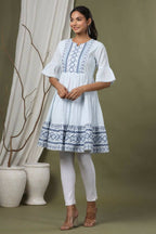 Juniper Sky Blue Cotton Dobby Festive Embroidered Tiered Dress For Women - Distacart