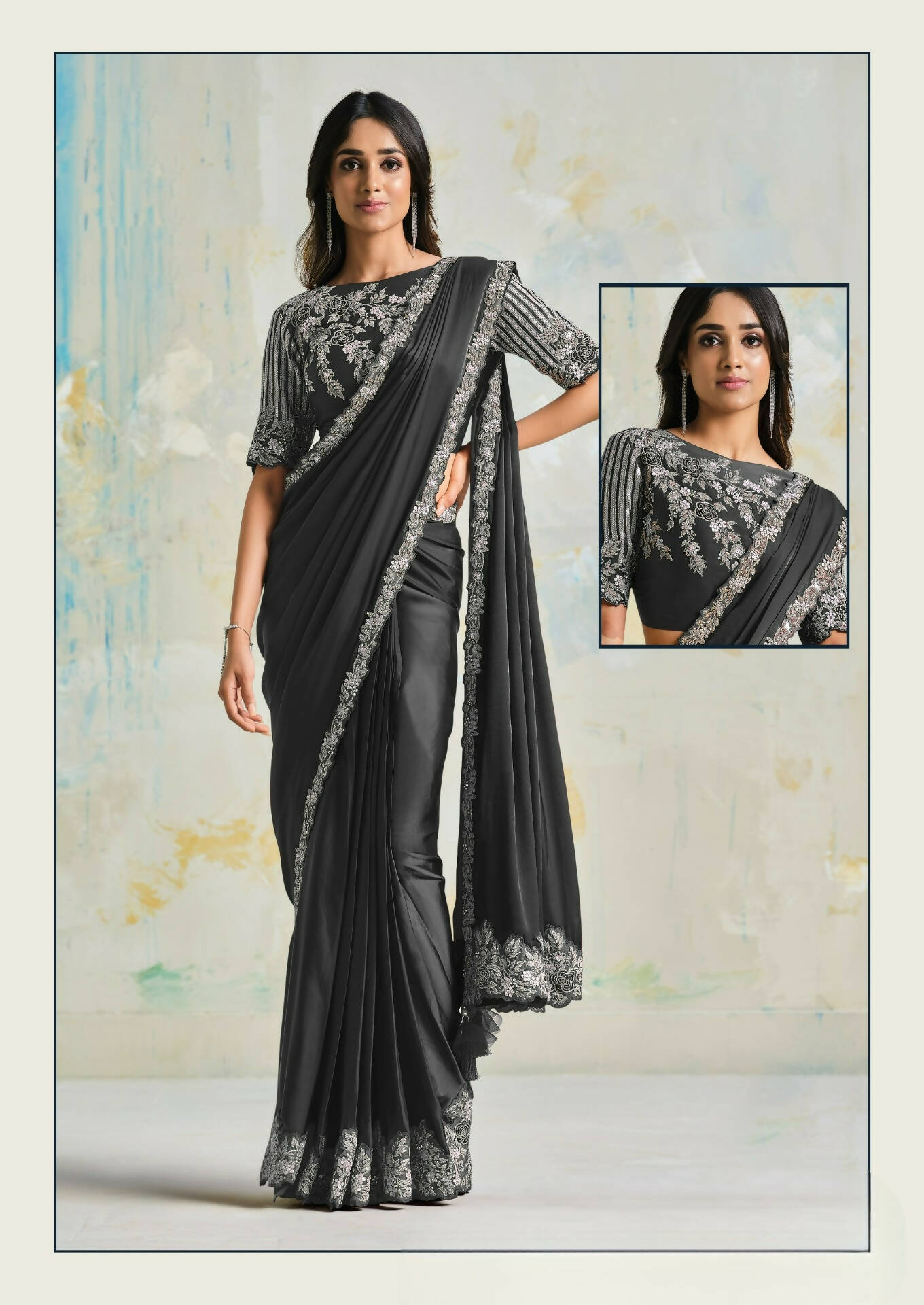 Satin Silk Crepe Saree With Stitched Blouse - Mohmanthan Royal