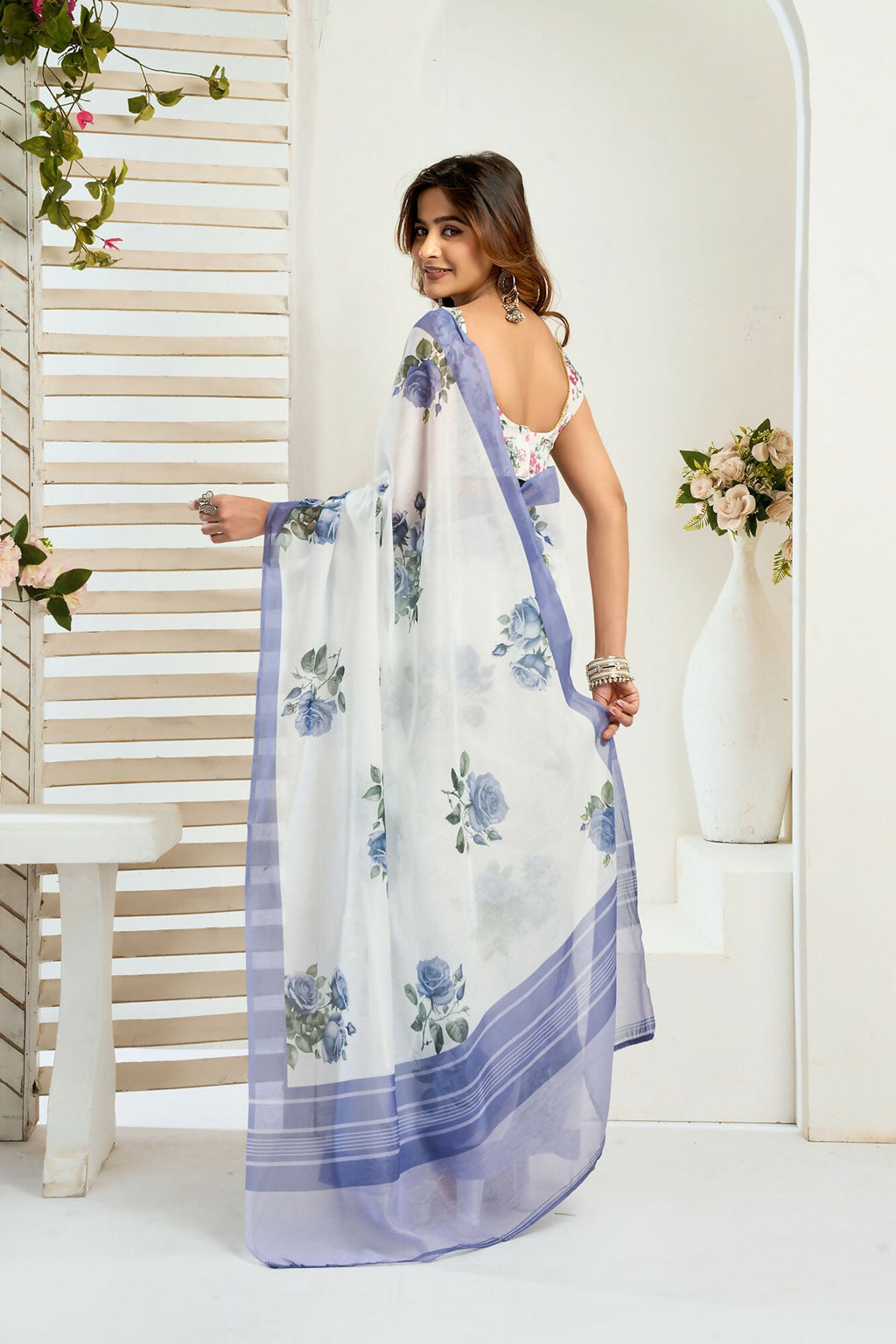 Vastranavya Blue Digital Printed Linen Ready To Wear Designer Saree with Unstitched Blouse - Distacart