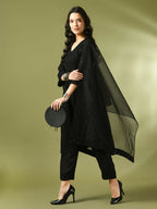 Myshka Women's Black Embroidered Cotton A-Line Party Kurta Set With Dupatta