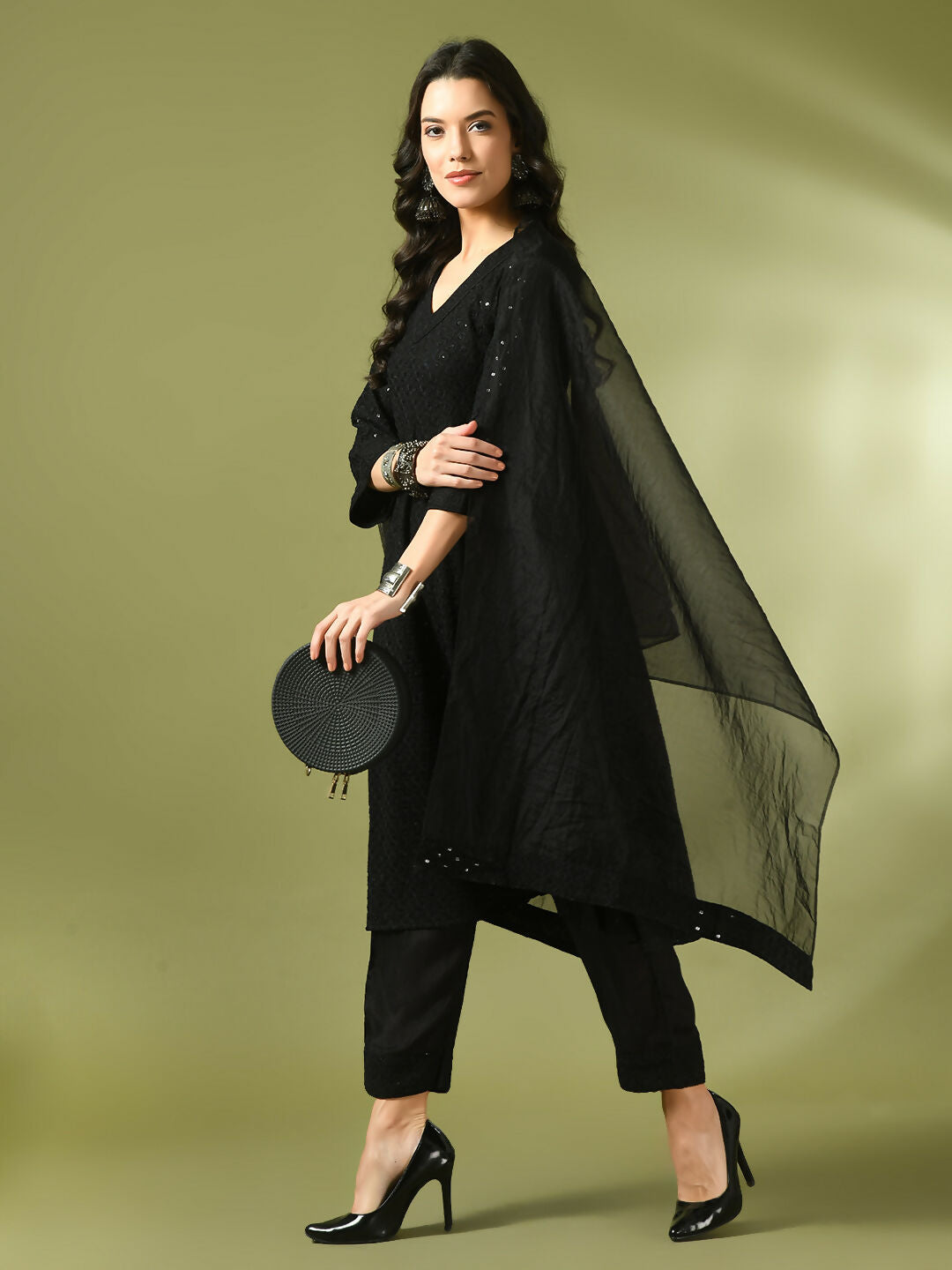 Myshka Women's Black Embroidered Cotton A-Line Party Kurta Set With Dupatta