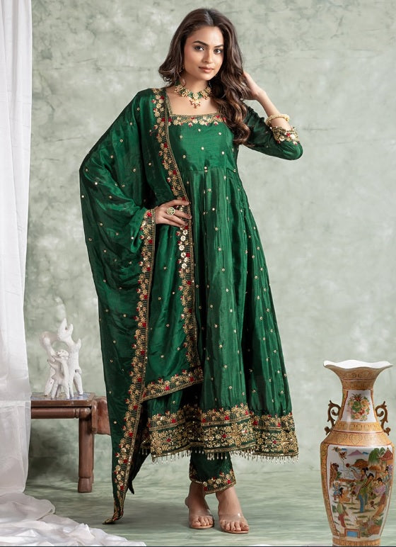 Yash Enterprise Green Silk Embroidery Party Wear Suit Set - Distacart