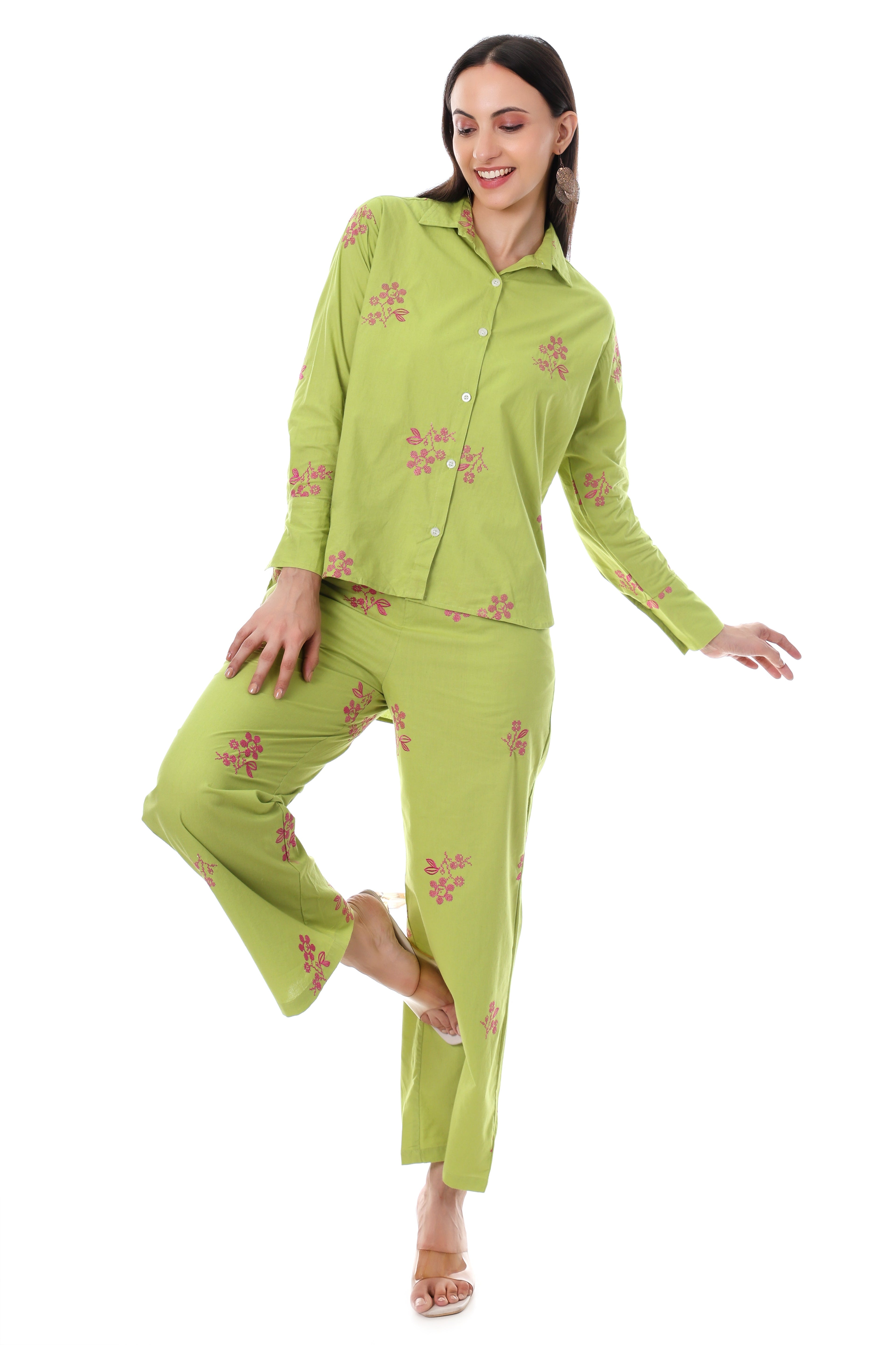 Jaitra Apparels Green Embroidered Premium Pure Cotton Co-Ord Set For Women - Distacart