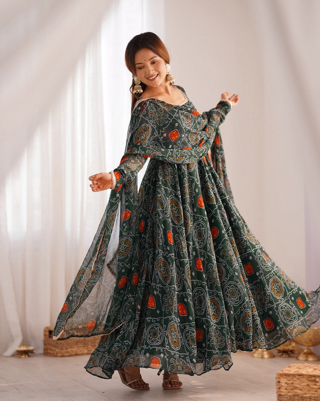 Evanik Green Pure Lightweight Chiffon Bandhej Design Anarkali Pant With Dupatta