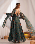 Evanik Green Pure Lightweight Chiffon Bandhej Design Anarkali Pant With Dupatta