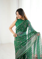Lorenvalley Fashion Green Solo Georgette Superb Finishing Foils Print & Fancy Zalar Lace in Border Saree with Blouse - Distacart