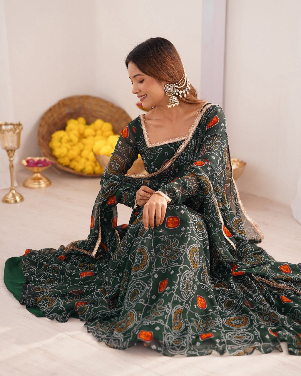Evanik Green Pure Lightweight Chiffon Bandhej Design Anarkali Pant With Dupatta
