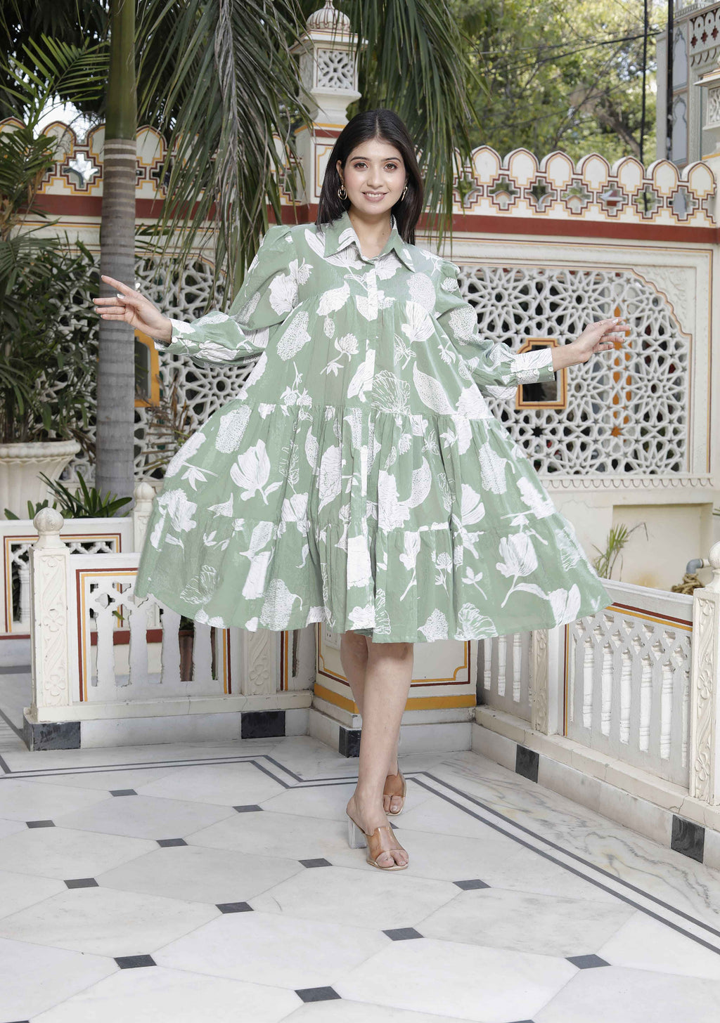 Miravan Women's Pure Cotton Green Long Puff Sleeve Loose Fit Gathered Fit And Flare Tiered Dress - Distacart