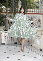 Miravan Women's Pure Cotton Green Long Puff Sleeve Loose Fit Gathered Fit And Flare Tiered Dress - Distacart
