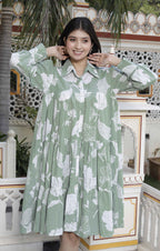 Miravan Women's Pure Cotton Green Long Puff Sleeve Loose Fit Gathered Fit And Flare Tiered Dress - Distacart