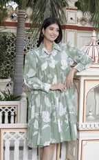 Miravan Women's Pure Cotton Green Long Puff Sleeve Loose Fit Gathered Fit And Flare Tiered Dress - Distacart
