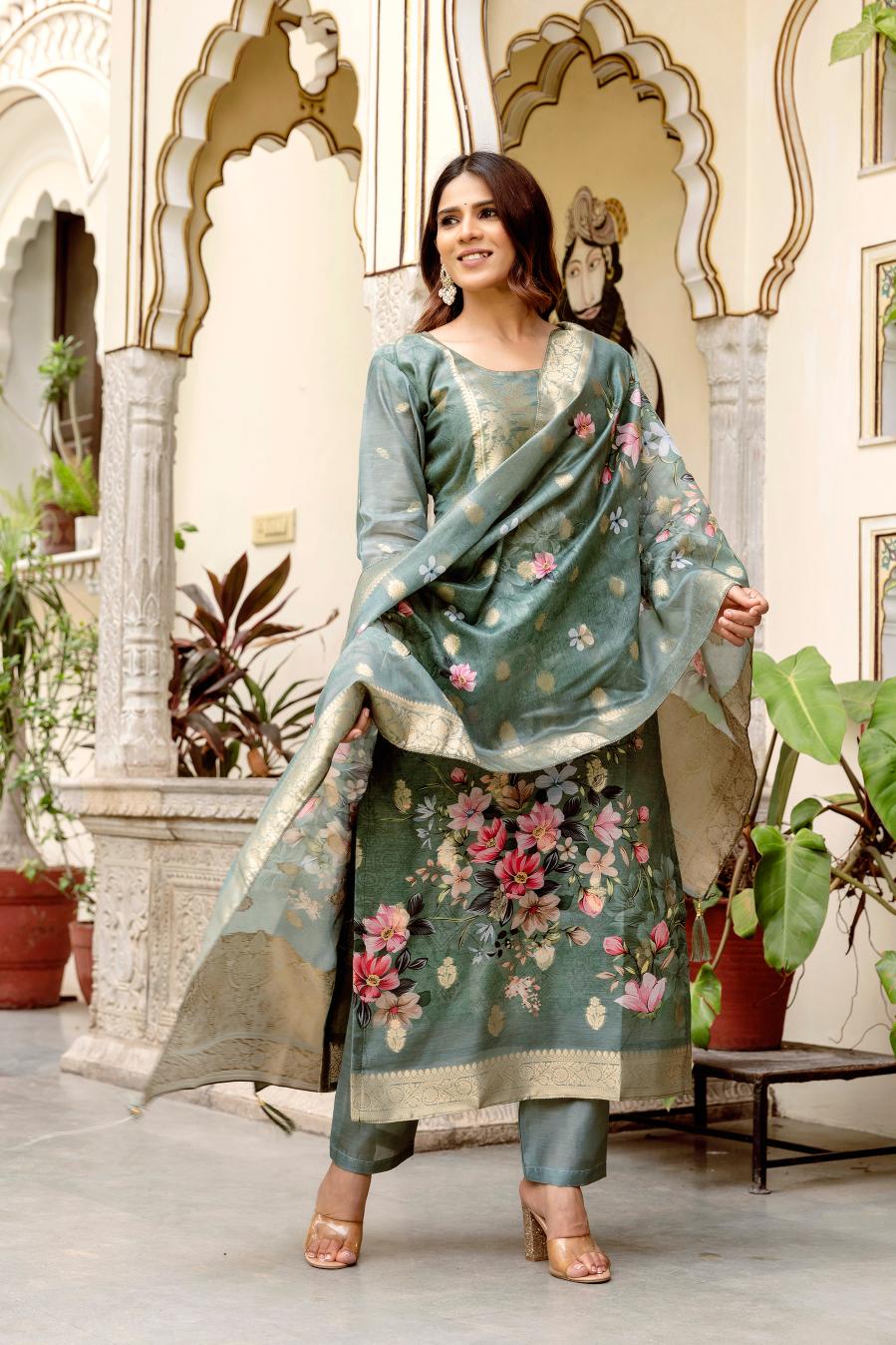 The52 Women Gorgeous Chanderi Cotton Fabric Straight Kurta, Pant and Dupatta Set - Distacart
