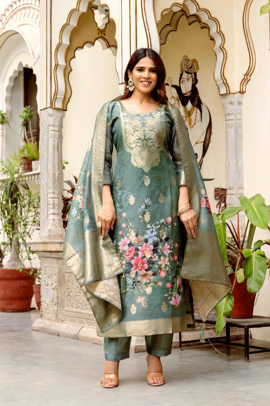 The52 Women Gorgeous Chanderi Cotton Fabric Straight Kurta, Pant and Dupatta Set - Distacart