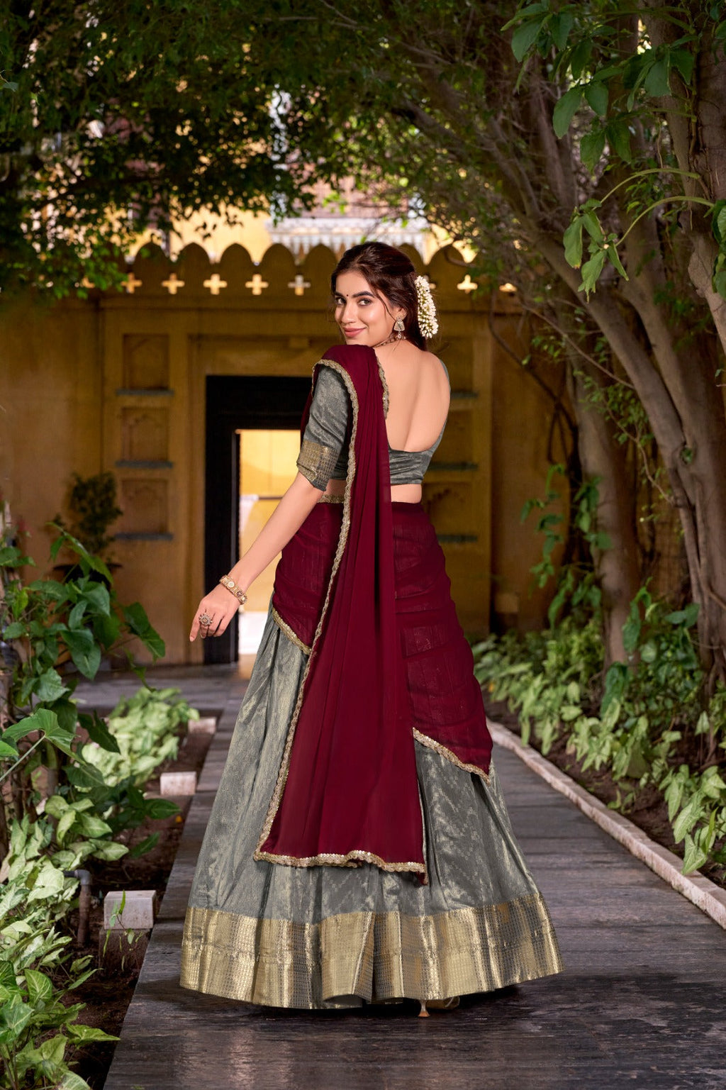 Evanik Traditional Grey Dupion Silk With Zari Weaving Work Lehenga Choli