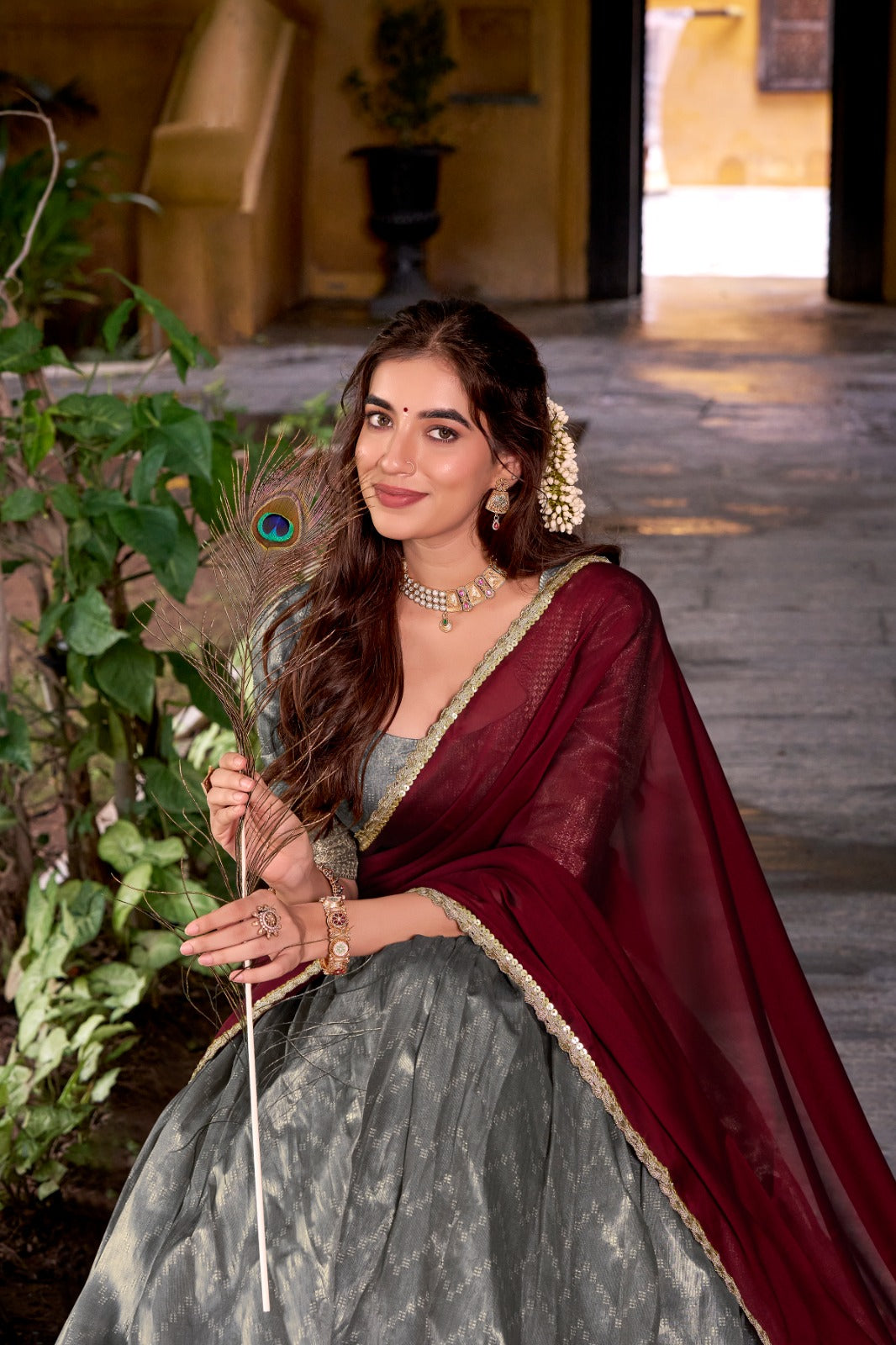 Evanik Traditional Grey Dupion Silk With Zari Weaving Work Lehenga Choli