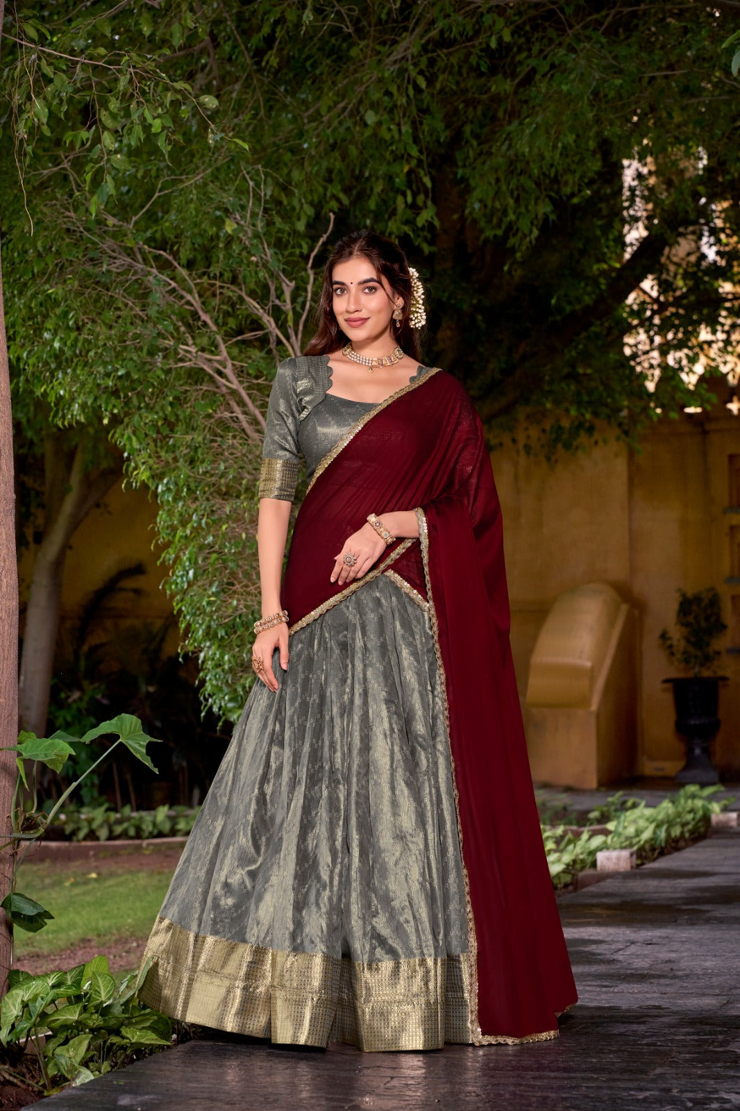 Evanik Traditional Grey Dupion Silk With Zari Weaving Work Lehenga Choli