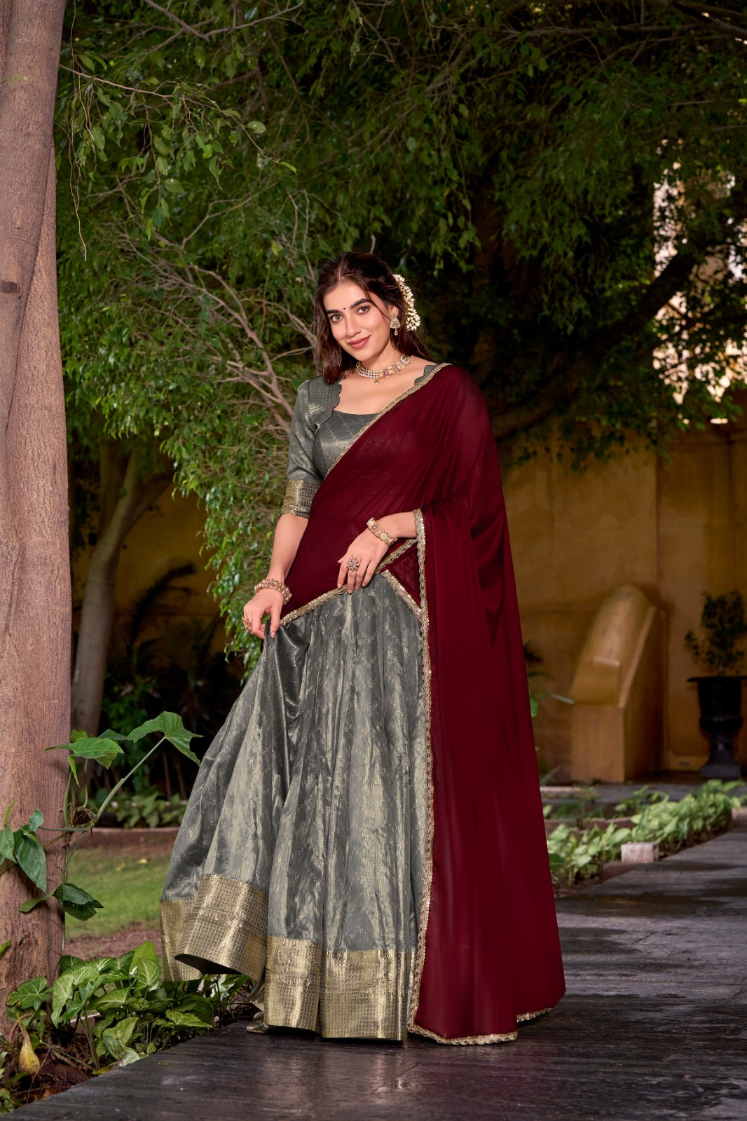 Evanik Traditional Grey Dupion Silk With Zari Weaving Work Lehenga Choli