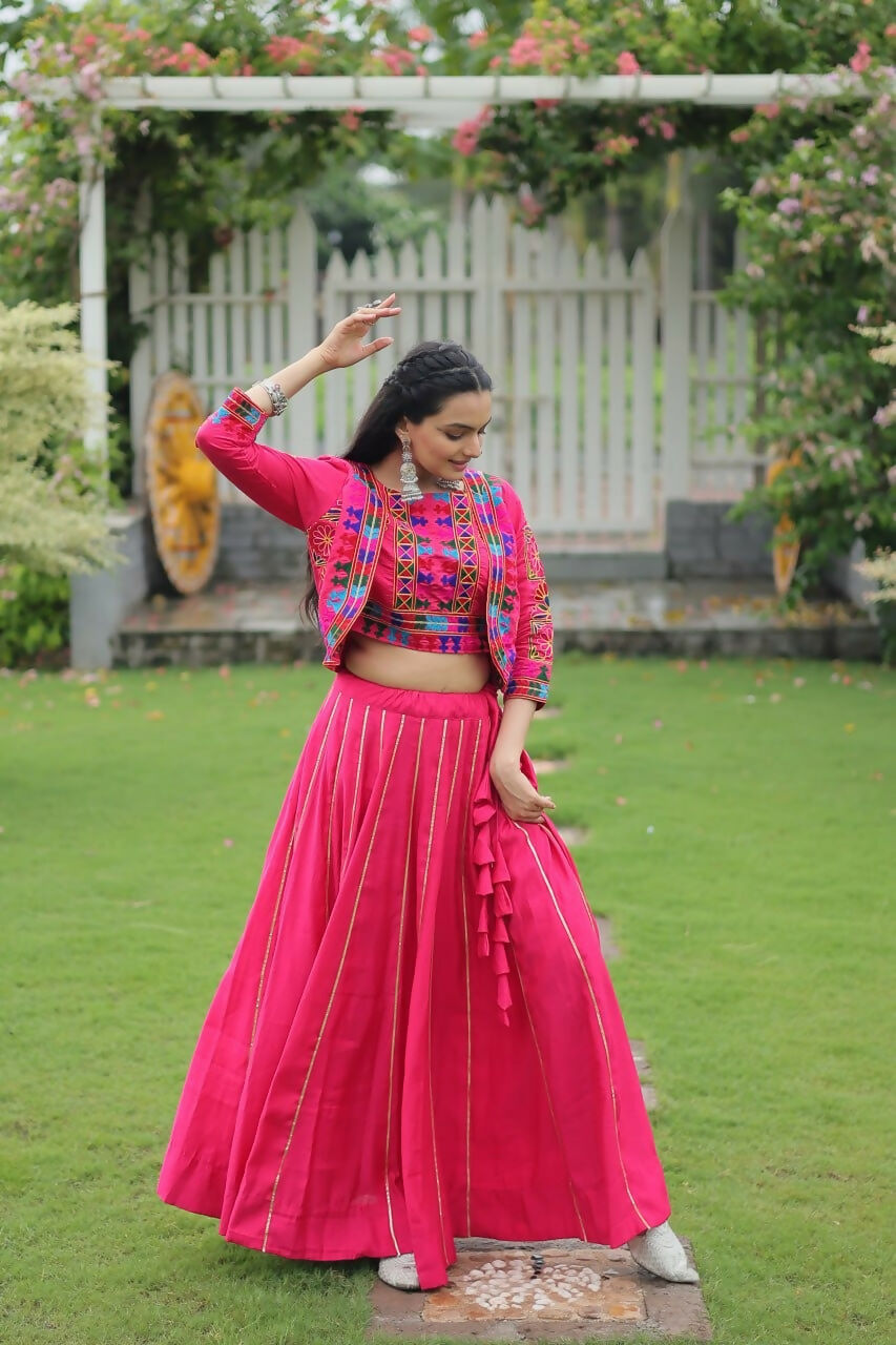 Teeya Creation Pink Colour Roman Silk With Gamathi Work Navratri Lehenga Choli