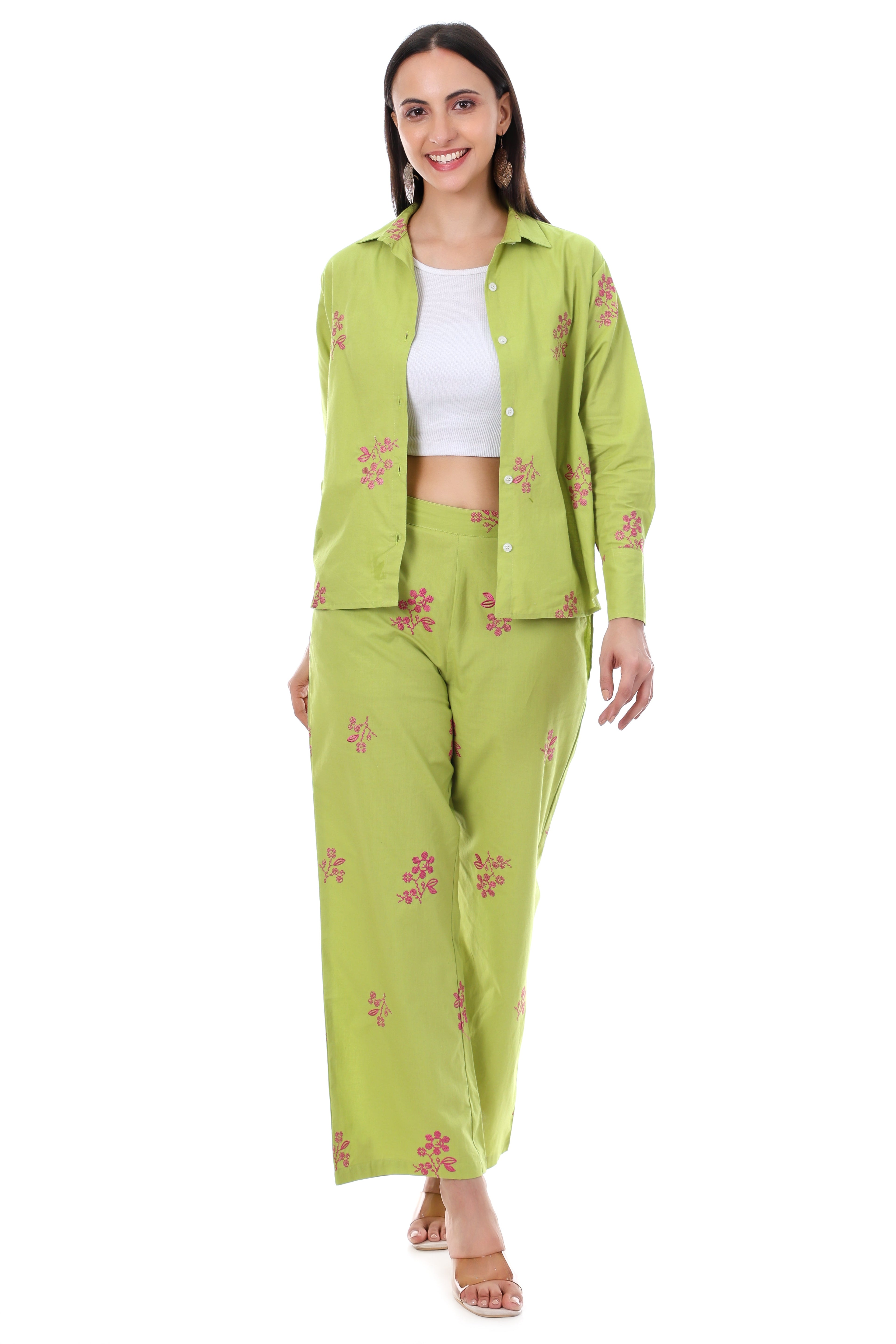 Jaitra Apparels Green Embroidered Premium Pure Cotton Co-Ord Set For Women - Distacart