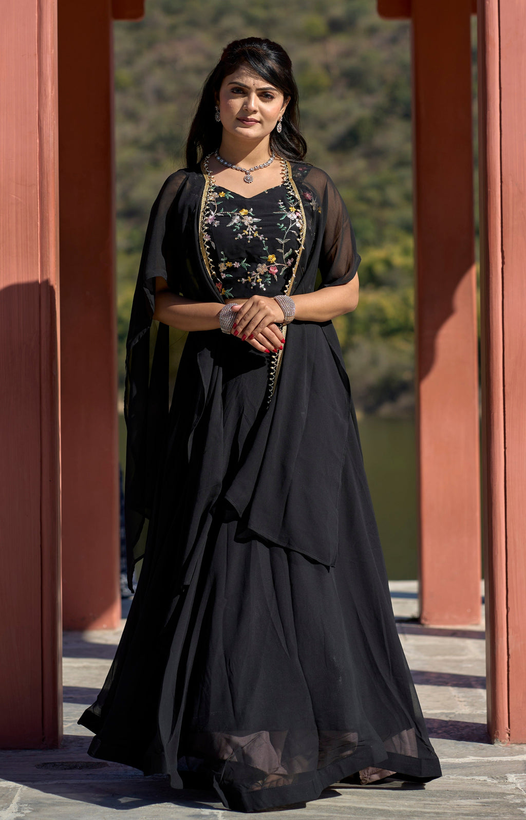 Vedant Vastram Embroidered Heavy Georgette Lehenga Choli With Blouse & Fancy Koti Typed Dupatta - Black