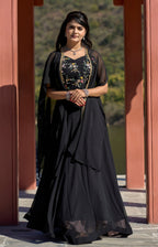 Vedant Vastram Embroidered Heavy Georgette Lehenga Choli With Blouse & Fancy Koti Typed Dupatta - Black