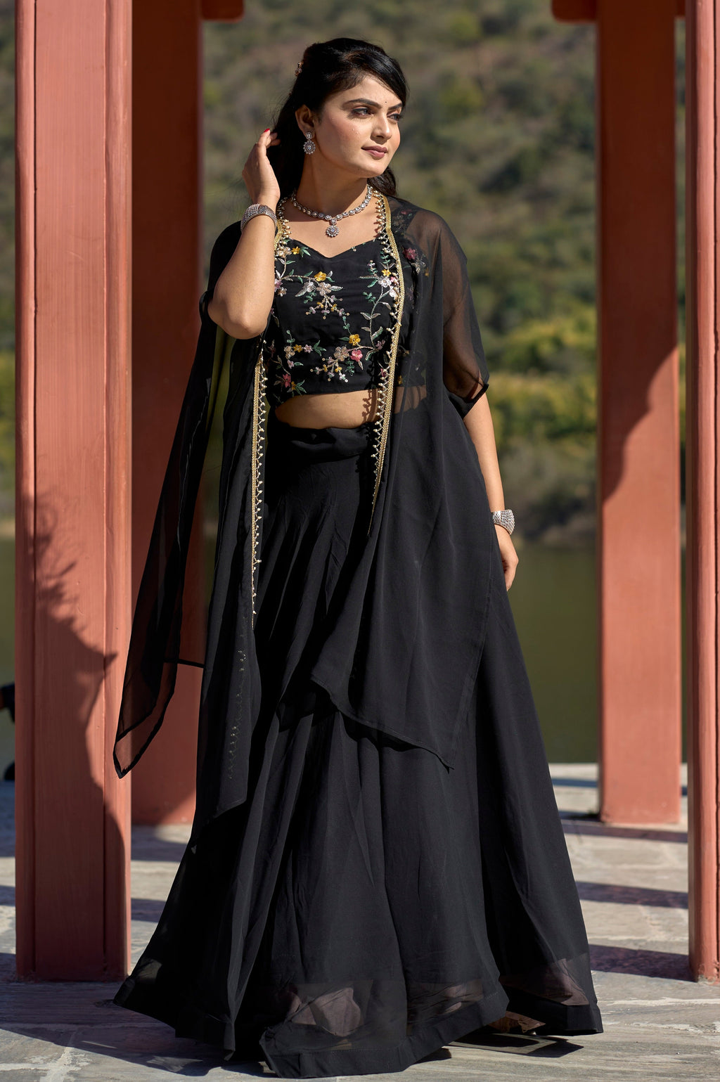 Vedant Vastram Embroidered Heavy Georgette Lehenga Choli With Blouse & Fancy Koti Typed Dupatta - Black