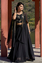 Vedant Vastram Embroidered Heavy Georgette Lehenga Choli With Blouse & Fancy Koti Typed Dupatta - Black