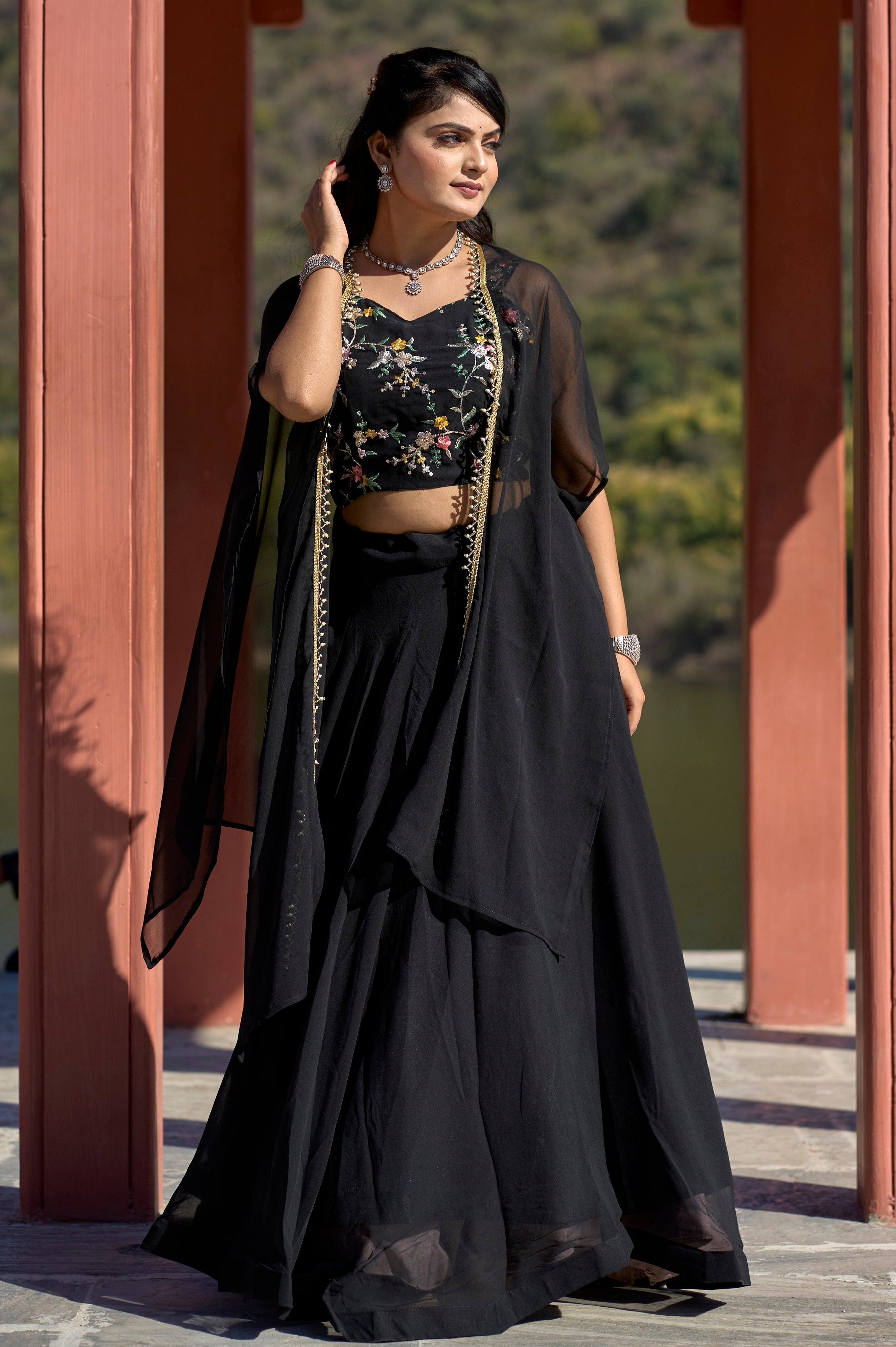 Vedant Vastram Embroidered Heavy Georgette Lehenga Choli With Blouse & Fancy Koti Typed Dupatta - Black
