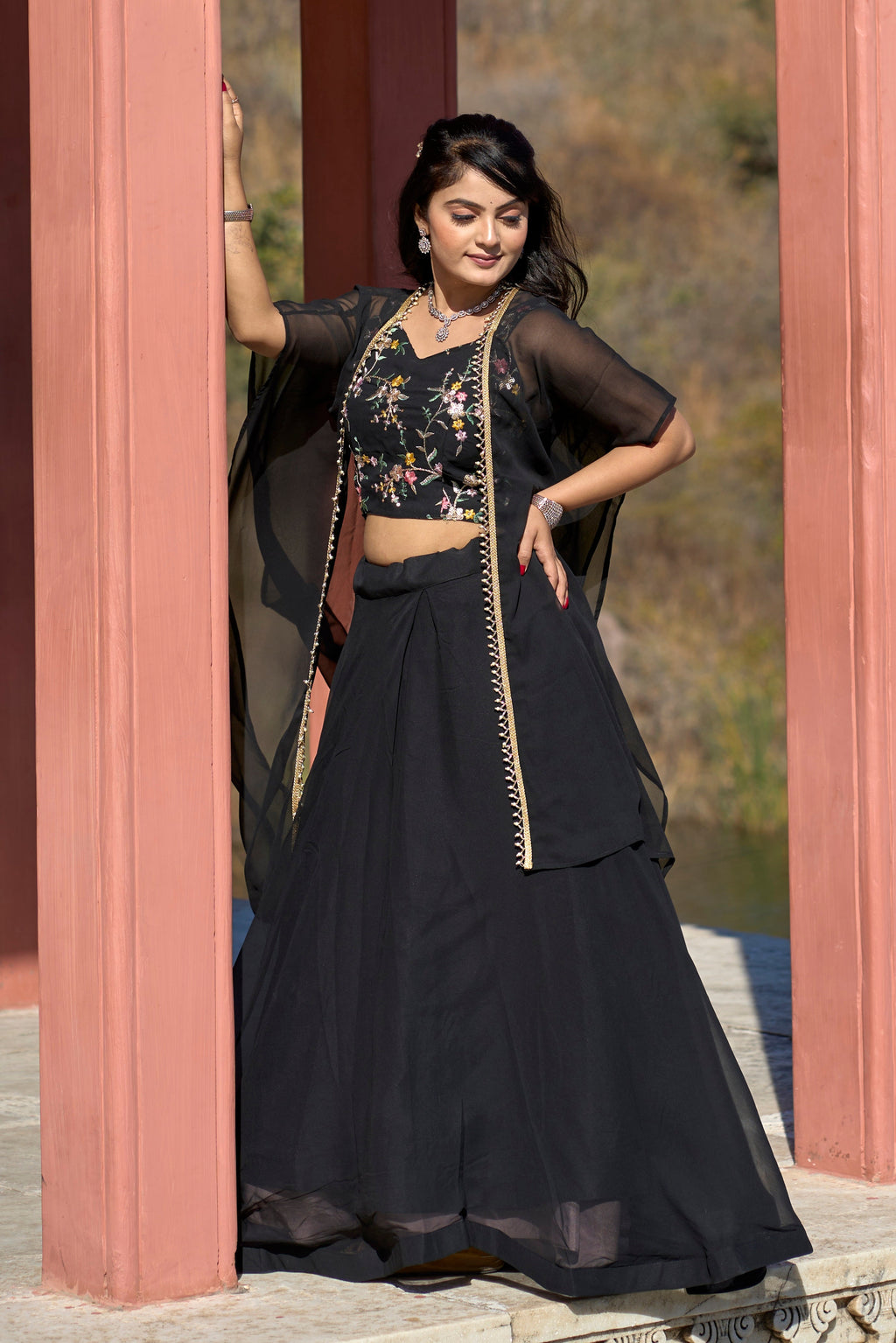 Vedant Vastram Embroidered Heavy Georgette Lehenga Choli With Blouse & Fancy Koti Typed Dupatta - Black