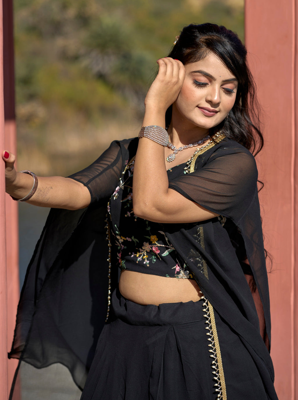 Vedant Vastram Embroidered Heavy Georgette Lehenga Choli With Blouse & Fancy Koti Typed Dupatta - Black