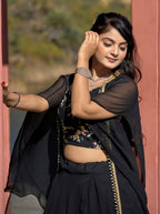 Vedant Vastram Embroidered Heavy Georgette Lehenga Choli With Blouse & Fancy Koti Typed Dupatta - Black