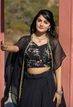 Vedant Vastram Embroidered Heavy Georgette Lehenga Choli With Blouse & Fancy Koti Typed Dupatta - Black