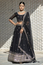 Vedant Vastram Embroidered Heavy Georgette Lehenga Choli With Blouse & Dupatta - Black