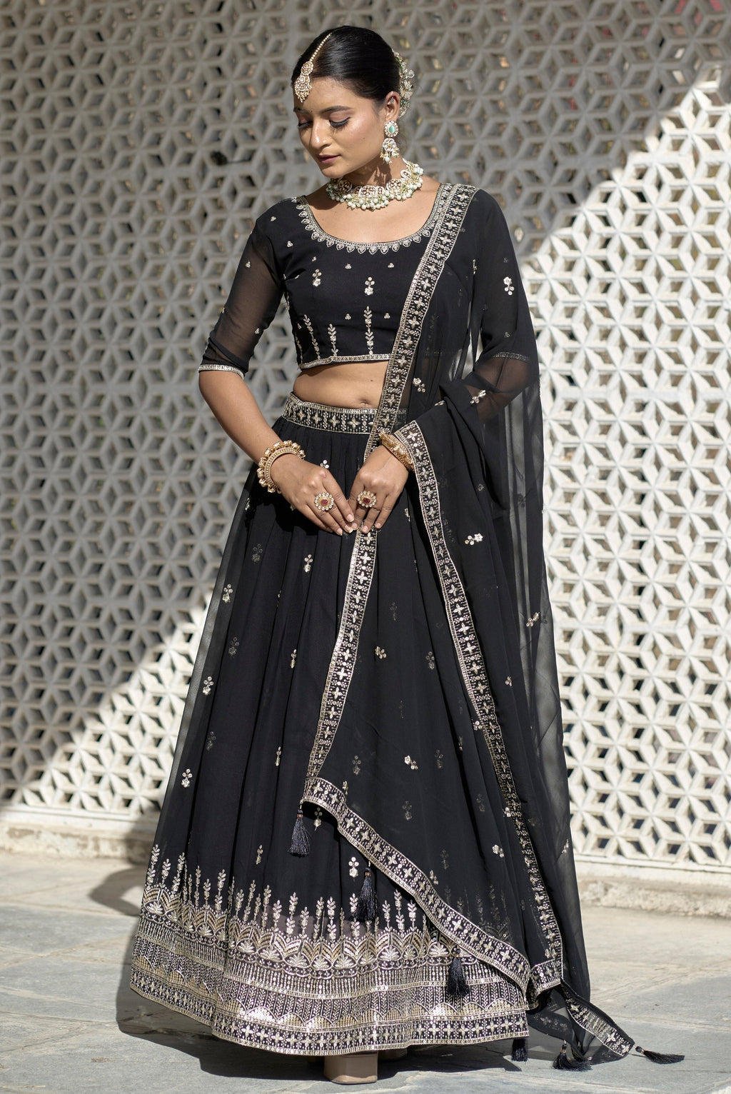 Vedant Vastram Embroidered Heavy Georgette Lehenga Choli With Blouse & Dupatta - Black
