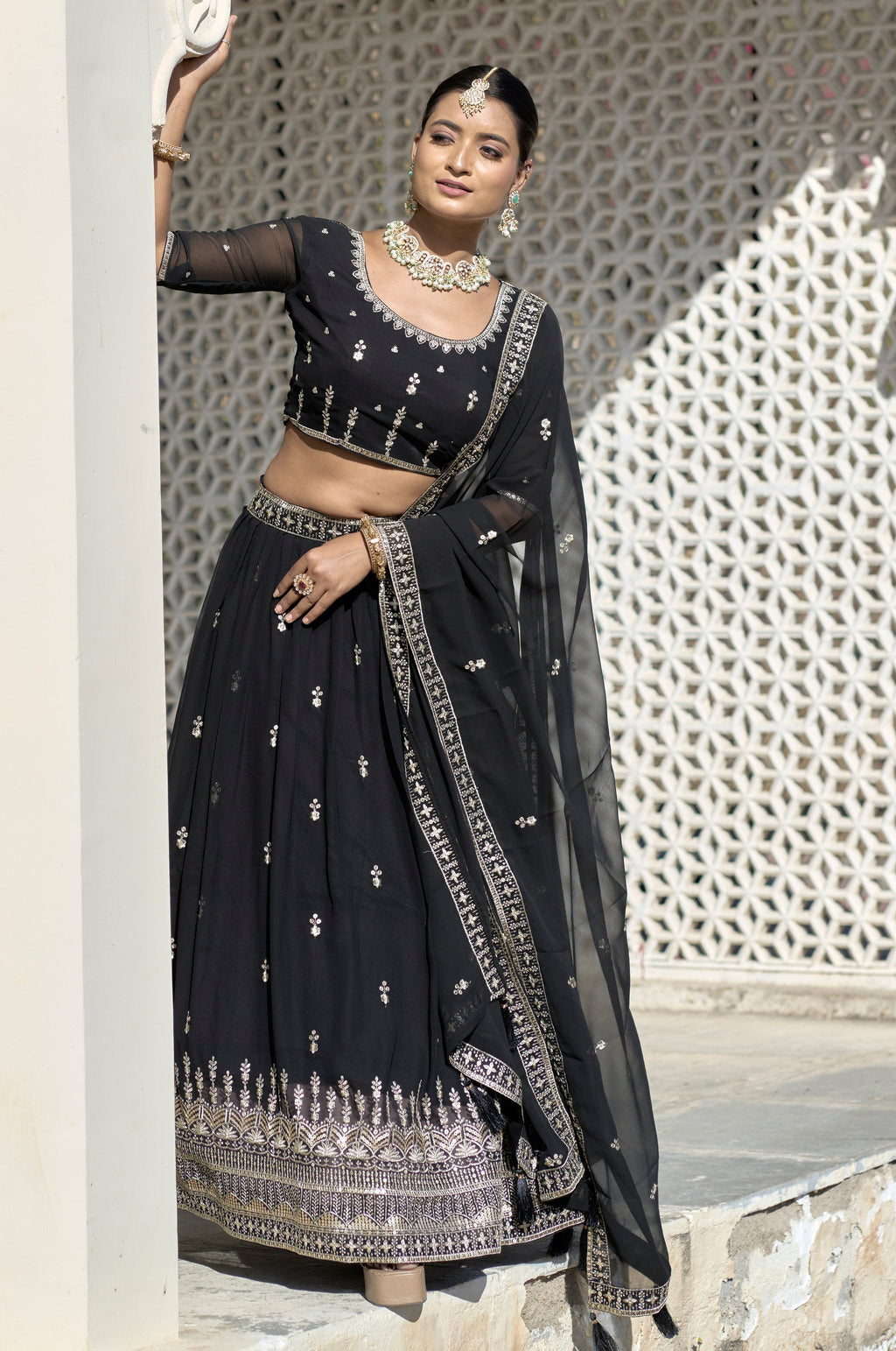 Vedant Vastram Embroidered Heavy Georgette Lehenga Choli With Blouse & Dupatta - Black