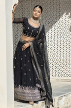 Vedant Vastram Embroidered Heavy Georgette Lehenga Choli With Blouse & Dupatta - Black