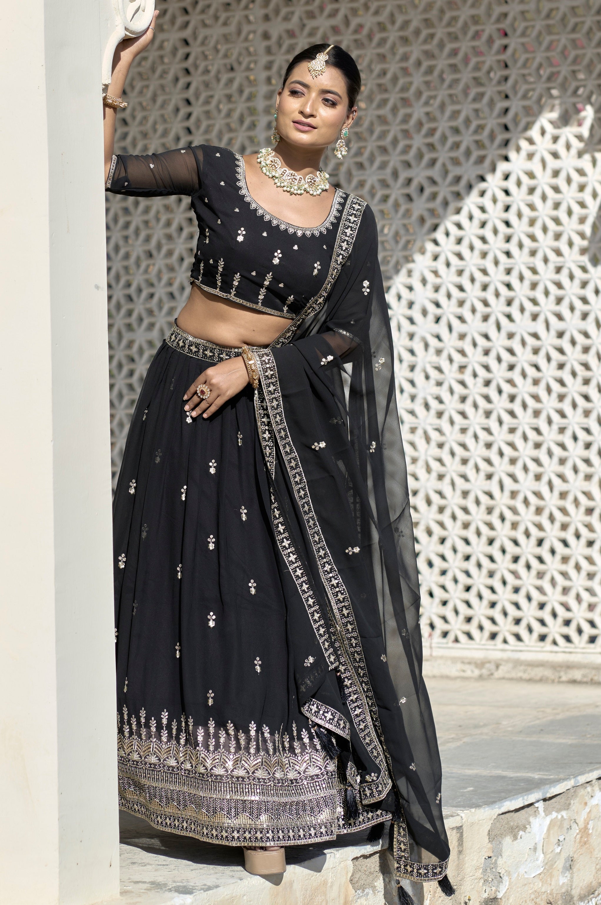Vedant Vastram Embroidered Heavy Georgette Lehenga Choli With Blouse & Dupatta - Black