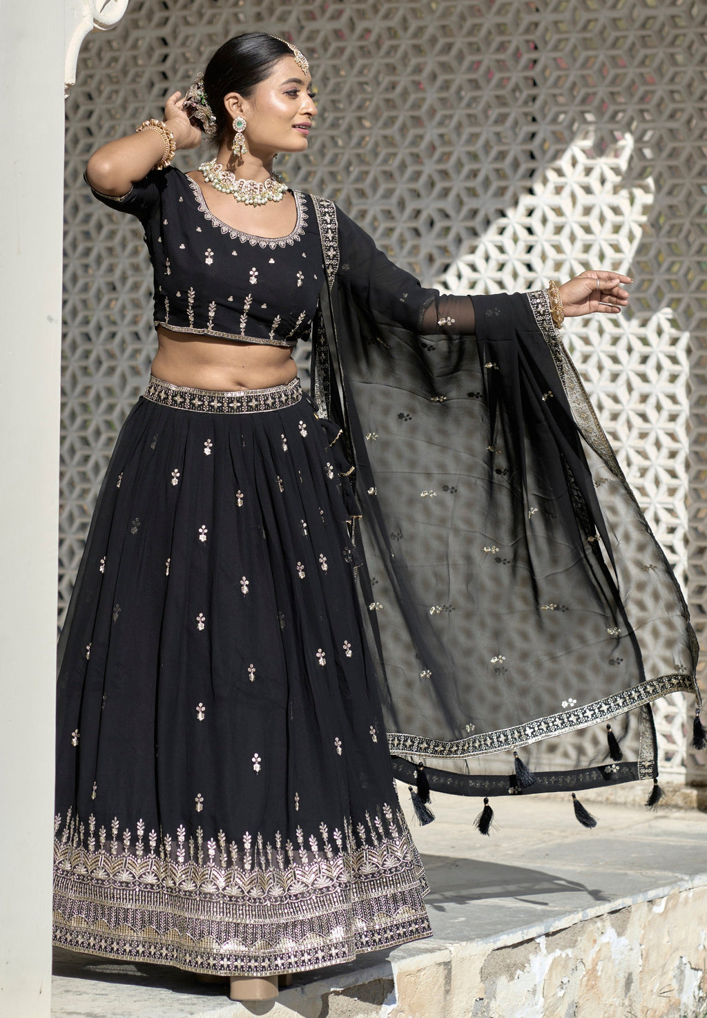 Vedant Vastram Embroidered Heavy Georgette Lehenga Choli With Blouse & Dupatta - Black