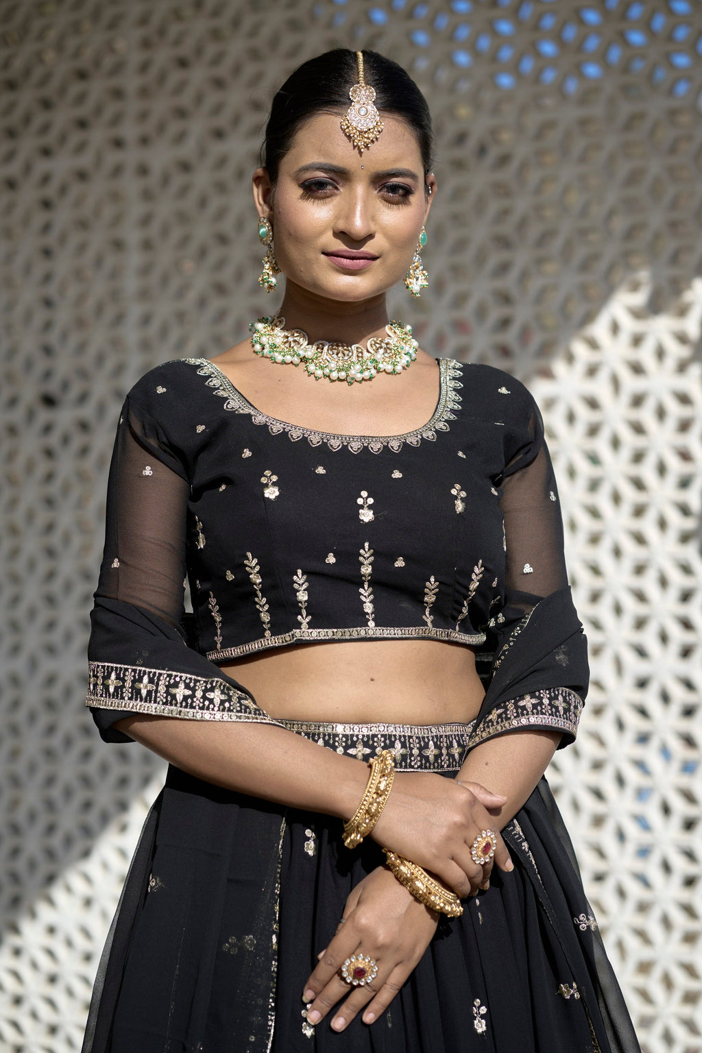 Vedant Vastram Embroidered Heavy Georgette Lehenga Choli With Blouse & Dupatta - Black