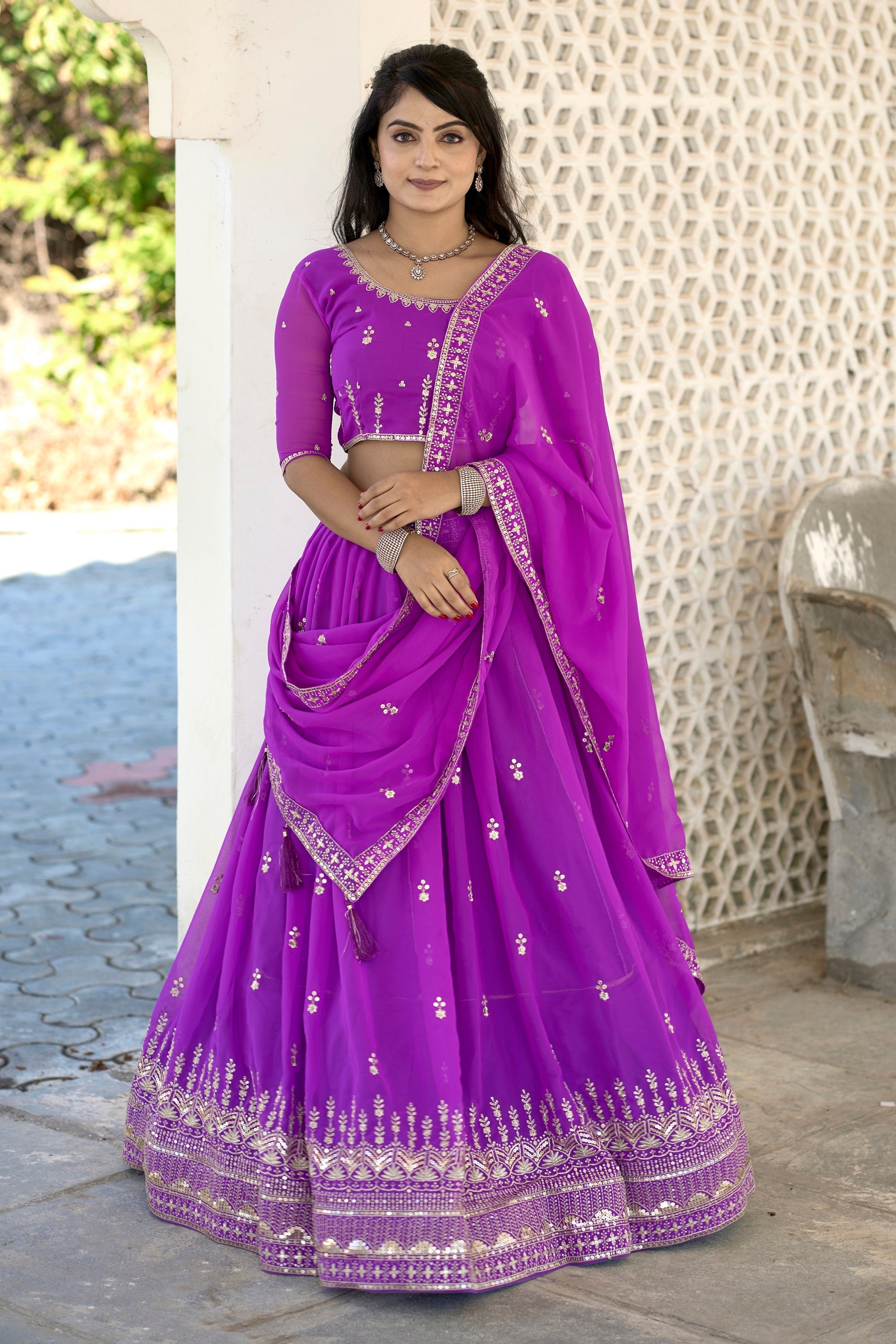 Vedant Vastram Embroidered Heavy Georgette Lehenga Choli With Blouse & Dupatta - Purple