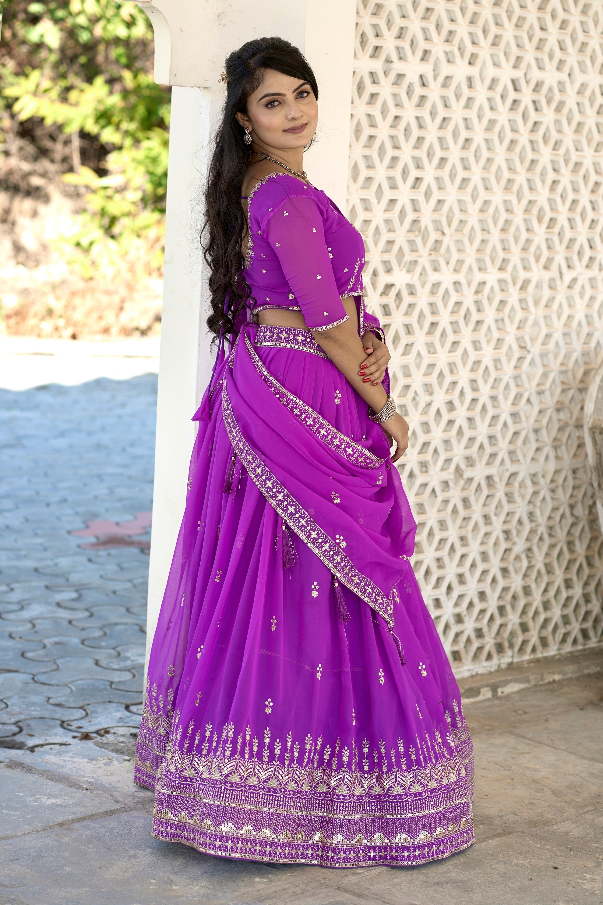 Vedant Vastram Embroidered Heavy Georgette Lehenga Choli With Blouse & Dupatta - Purple
