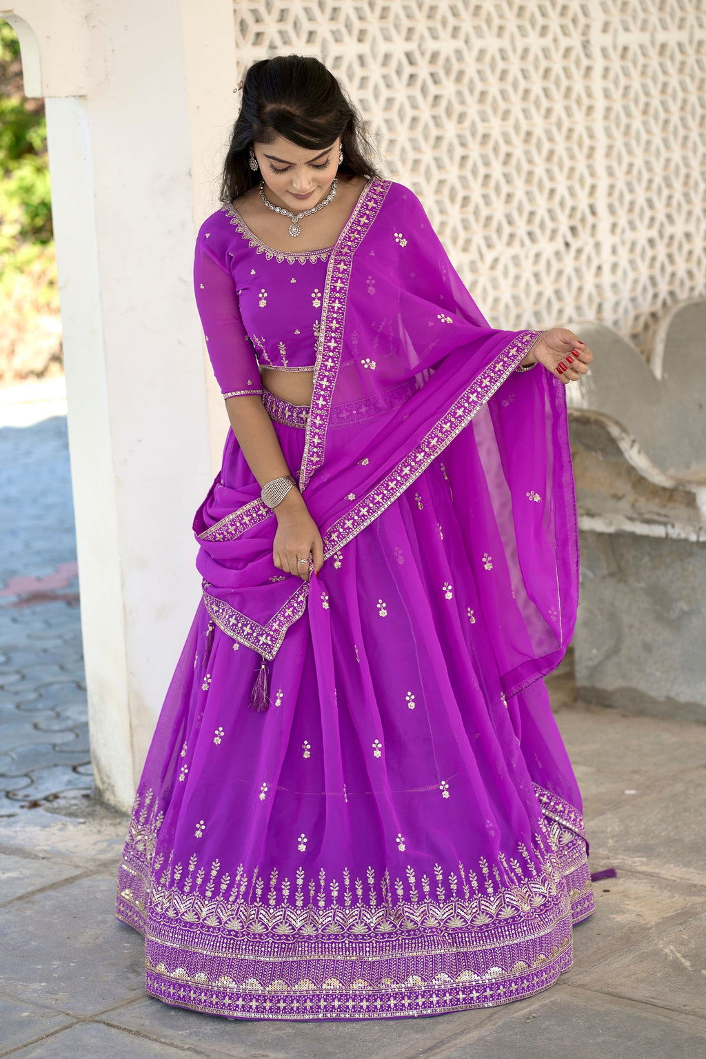 Vedant Vastram Embroidered Heavy Georgette Lehenga Choli With Blouse & Dupatta - Purple