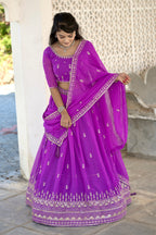 Vedant Vastram Embroidered Heavy Georgette Lehenga Choli With Blouse & Dupatta - Purple