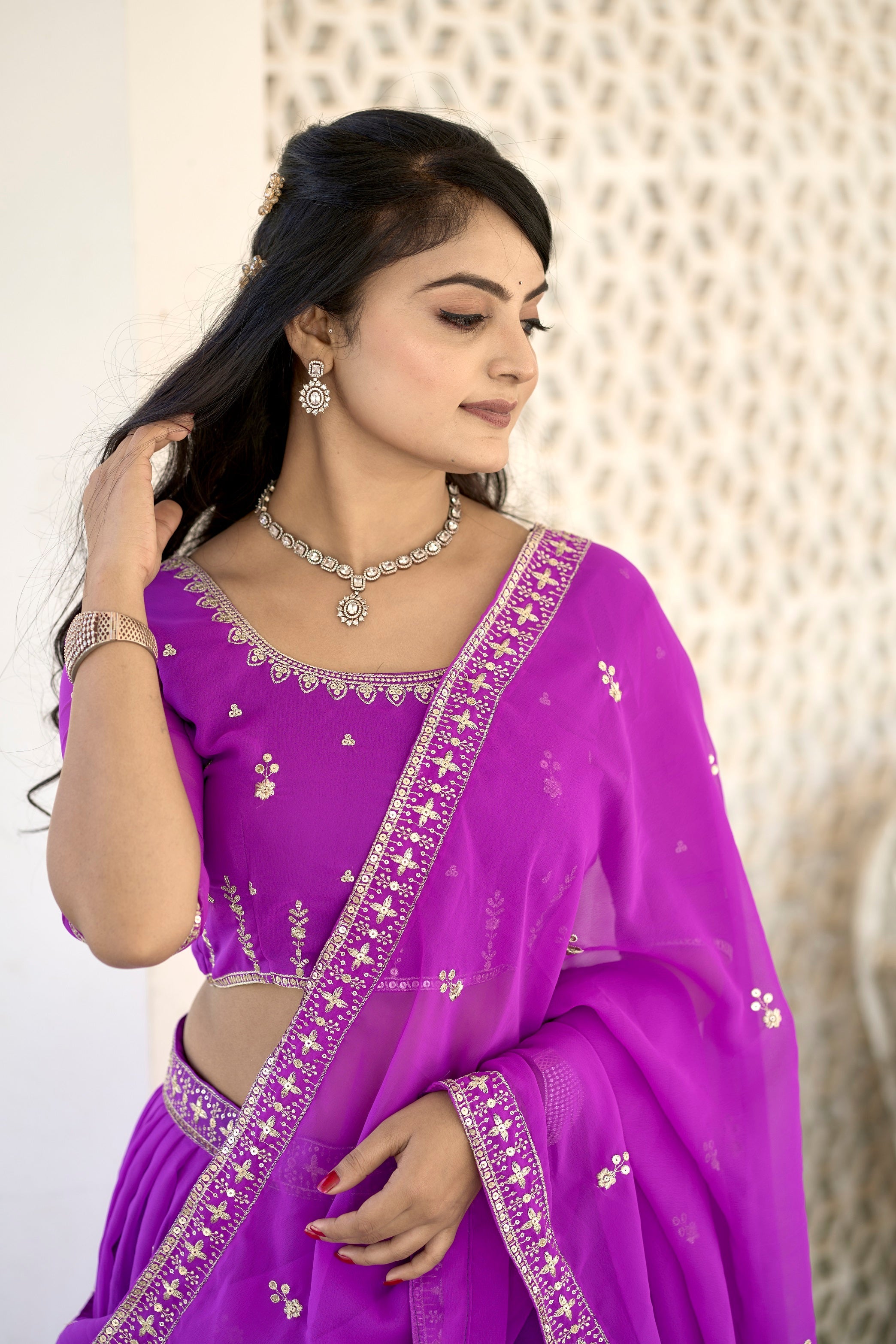 Vedant Vastram Embroidered Heavy Georgette Lehenga Choli With Blouse & Dupatta - Purple
