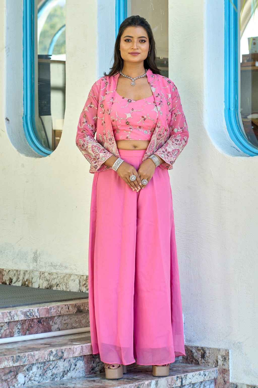 Vedant Vastram Heavy Embroidery & Sequins Work Pure Georgette Plazo Set With Koti - Pink